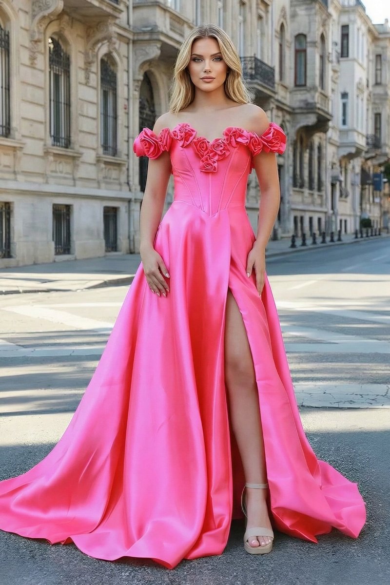 Fuchsia Off the Shoulder Corset Bodice A-Line Prom Dress
