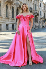 Fuchsia Off the Shoulder Corset Bodice A-Line Prom Dress