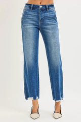 Hazel Blues® |  RISEN High Rise Ankle Straight Distressed Hem Detail Jeans