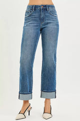 Hazel Blues® | RISEN 4 Way Stretch Slouchy Straight Jeans with Cuffed Hem