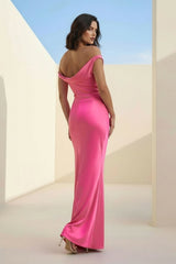 Fuchsia - One Shoulder Sheath Satin Long Prom Dresses
