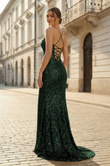 Dark Green Spaghetti Straps Sequins Mermaid Long Formal Prom Dresses With Slit