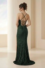 Dark Green Spaghetti Straps Sequins Mermaid Long Formal Prom Dresses With Slit