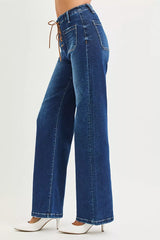 Hazel Blues® | RISEN High Rise Wide Leg Jeans with Front Tie Detail