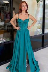 Emerald A-Line Spaghetti Straps Satin Long Prom Dresses With Slit