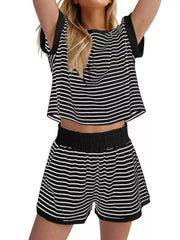 Hazel Blues® | Striped Round Neck Top and Shorts Set