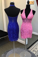 Fitted Halter Appliques Short Homecoming Dress