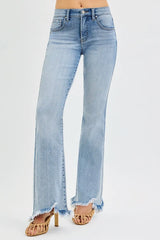 Hazel Blues® | RISEN Tummy Control Mid Rise Flare Jeans with Fray Hem Detailed
