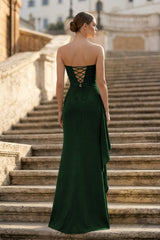 Dark Green - Mermaid Strapless Satin Pleated Long Prom Dress with Slit