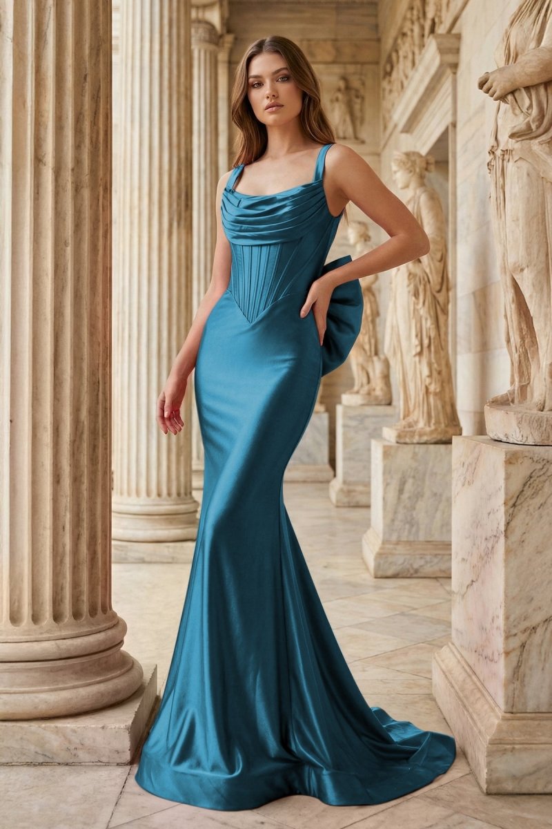 Fuchsia Square Neck Satin Mermaid Formal Gown with Bow