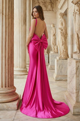 Fuchsia Square Neck Satin Mermaid Formal Gown with Bow