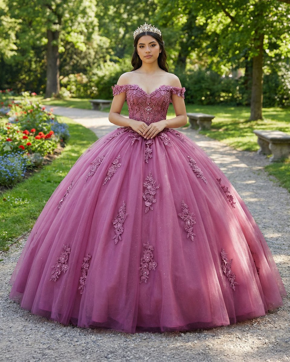 Dusty Rose Off Shoulder Lace 3D Flower Applique Quinceanera Dress