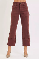 Hazel Blues® | RISEN High Rise Wide Straight Cuffed Patch Jeans