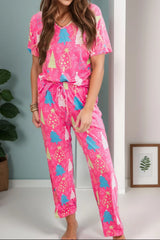 Hazel Blues® |  Printed V-Neck Short Sleeve Top and Pants Lounge Set