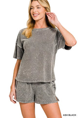 Hazel Blues® |  Zenana Halo Snow Washed Short Sleeve Tee and Shorts Set