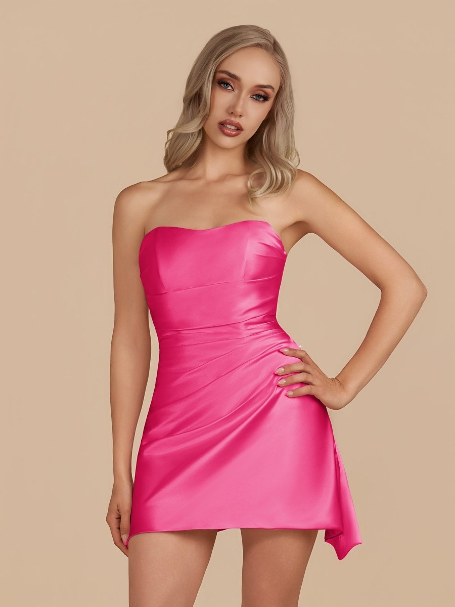 Fuchsia - Strapless Sheath Irregular Hem Satin Short Homecoming Dress