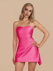 Fuchsia - Strapless Sheath Irregular Hem Satin Short Homecoming Dress
