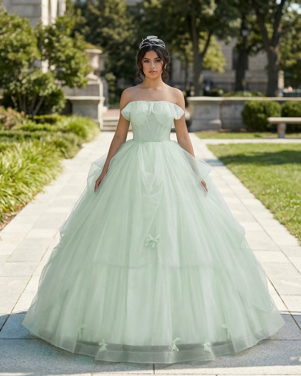 Elegant 3D Flowery Sage Green Tulle Fairy Ball Gown