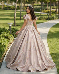 Elegant Ball Gown Pink Beaded Floral Appliques Quinceanera Dress