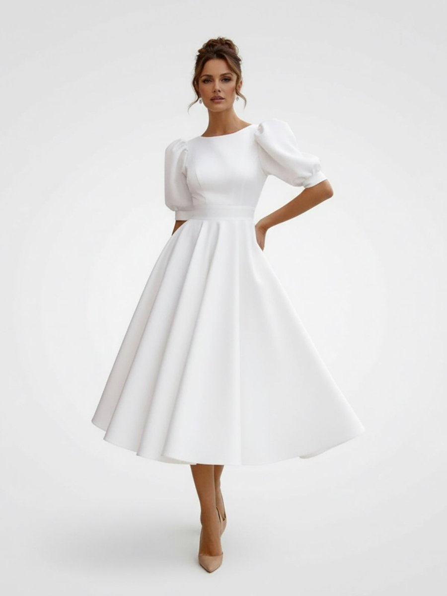 Elegant Bateau A Line Satin Knee-length Wedding Dress