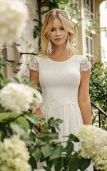 Elegant Satin and Lace Bateau A Line Court Train Wedding Dress with Ruching