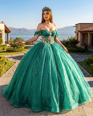Emerald Green Ball-Gown Tulle Off-the-Shoulder Quinceanera Dresses