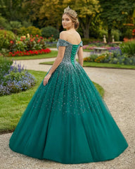 Emerald Green Off The Shoulder Tulle Quinceanera Dresses With Beadings