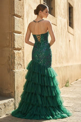 Emerald Illusion Neck Mermaid Tulle Ruffled Long Prom Dresses With Sequins