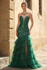 Emerald Illusion Neck Mermaid Tulle Ruffled Long Prom Dresses With Sequins