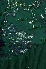 Emerald Illusion Neck Mermaid Tulle Ruffled Long Prom Dresses With Sequins