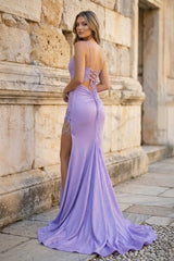 Glitter Lavender Beaded Lace-Up Mermaid Long Gown