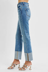 Hazel Blues® | RISEN High Rise Ankle Straight Wide Cuffed Jeans