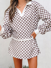 Hazel Blues® |  Checkered Print Polo Collar Cropped Long Sleeve Top and Drawstring Mini Skirt Set