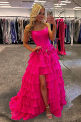Fuchsia - Strapless A Line Chiffon Tiered Prom Dresses With Bowknot