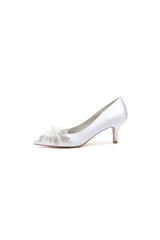 Floral Beading Pointed Toe Satin Kitten Heels