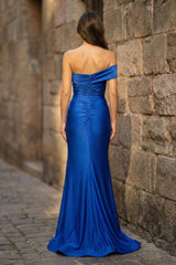 Foraml Mermaid One Shoulder Royal Blue Satin Prom Dress Evening Dress