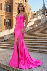 Fuchsia Satin Simple Mermaid Prom Dress
