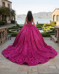 Fuchsia Sleeveless Sequin Quinceanera Dress