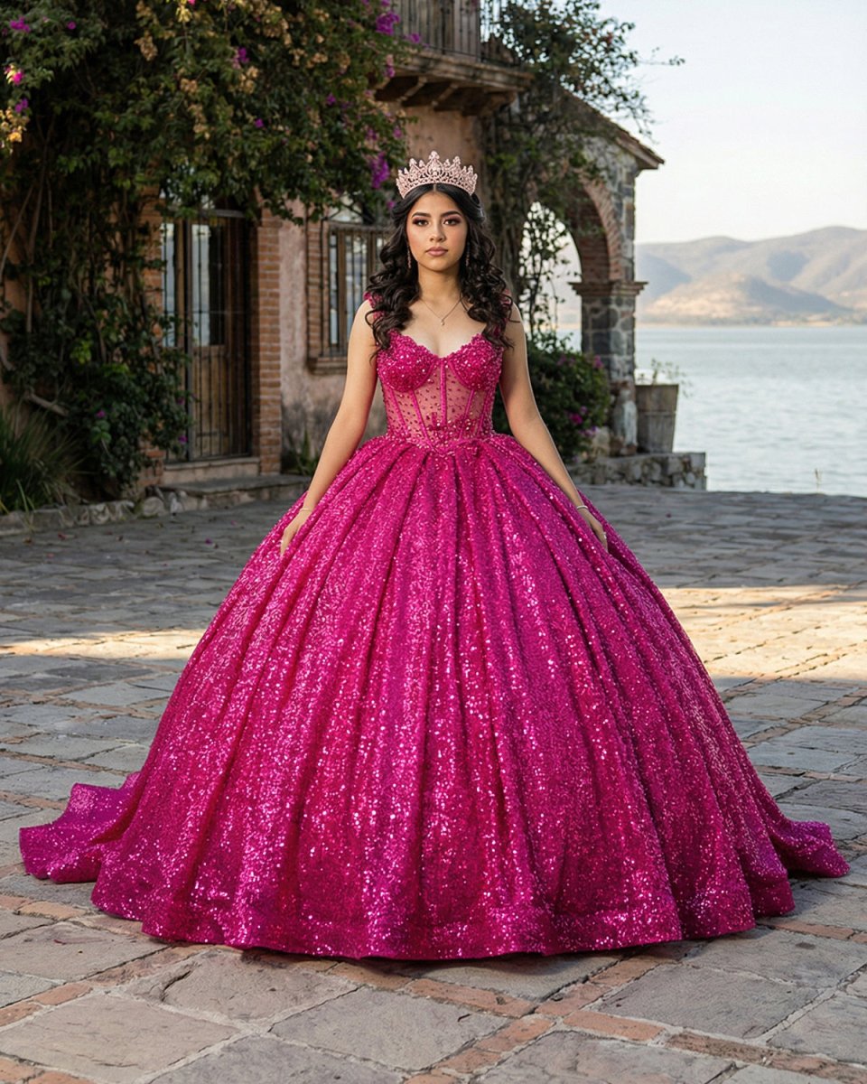 Fuchsia Sleeveless Sequin Quinceanera Dress