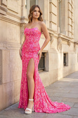 Fuchsia Strapless Sequins Lace Mermaid Prom Dresses with Slit