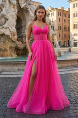 Fuchsia Spaghetti Straps Sheer Bodice A-Line Long Prom Dress with Slit