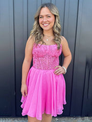 Fuchsia - Strapless Chiffon A Line Short Homecoming Dresses With Appliques