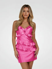 Fuchsia V-Neck Satin Sheath Homecoming Dress with Ruffles