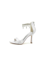 Glamorous White Leather High Heels with Silver Chain Accent