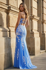 Glitter Blue Mermaid Lace Long Prom Dress with Slit