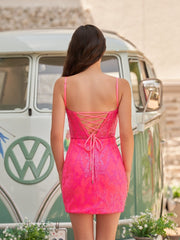 Glitter Hot Pink Fitted V-Neck Spaghetti Straps Sequined Appliques Mini Party Dresses