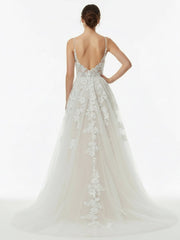 Glitter Ivory A-Line Spaghetti Straps Long Wedding Dress with Appliques