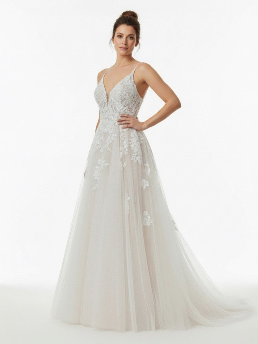 Glitter Ivory A-Line Spaghetti Straps Long Wedding Dress with Appliques
