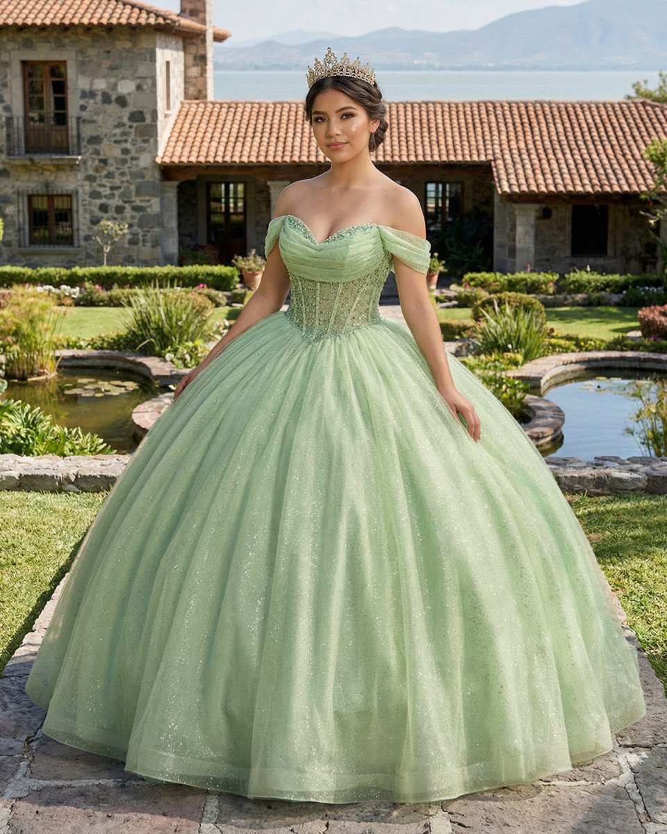 Glitter Off The Shoulder Beading Tulle Long Quinceanera Dresses