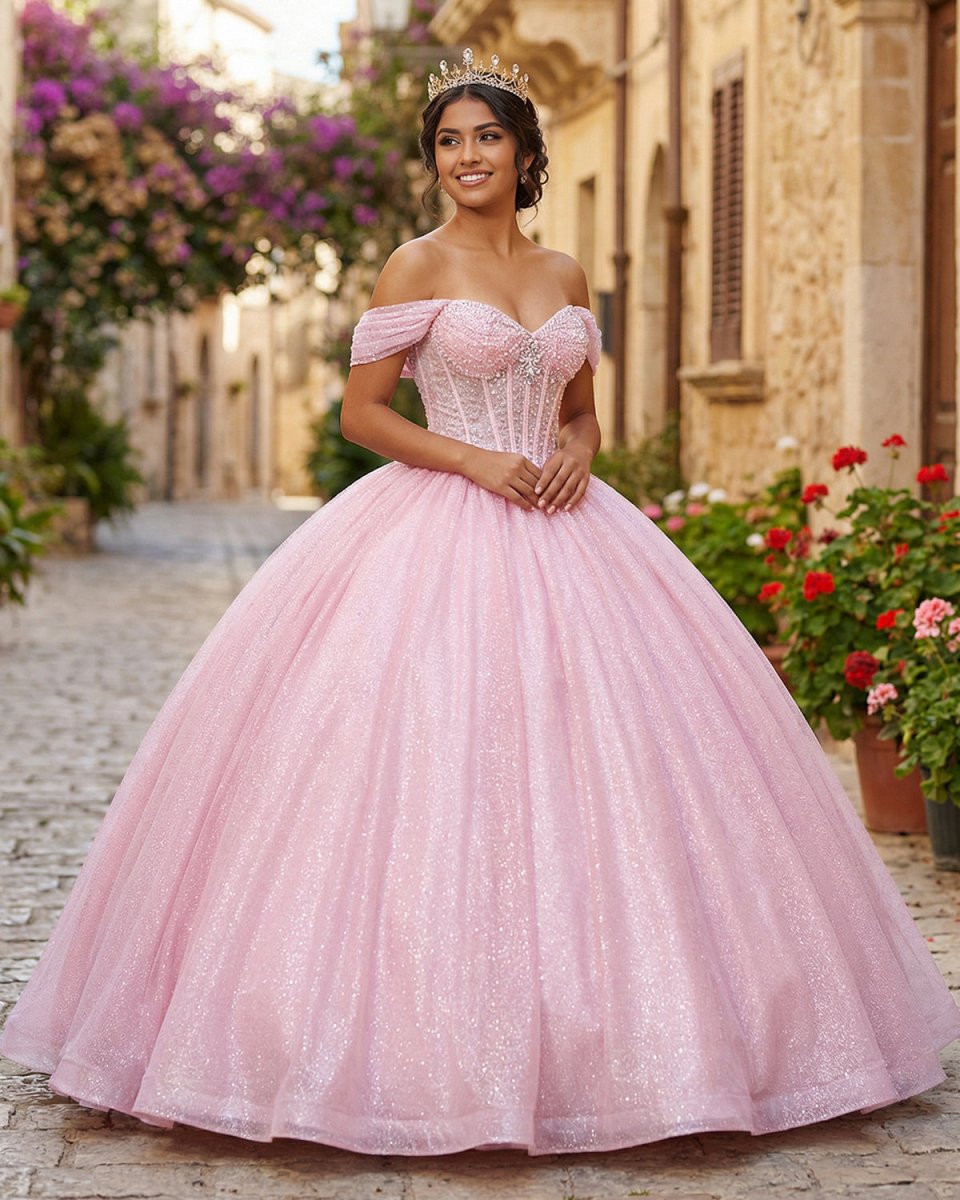 Glitter Off The Shoulder Pink Ball Gown Quinceanera Dresses